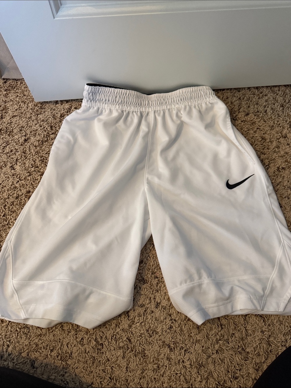 Nike White Athletic Basketball Shorts with Black Swoosh